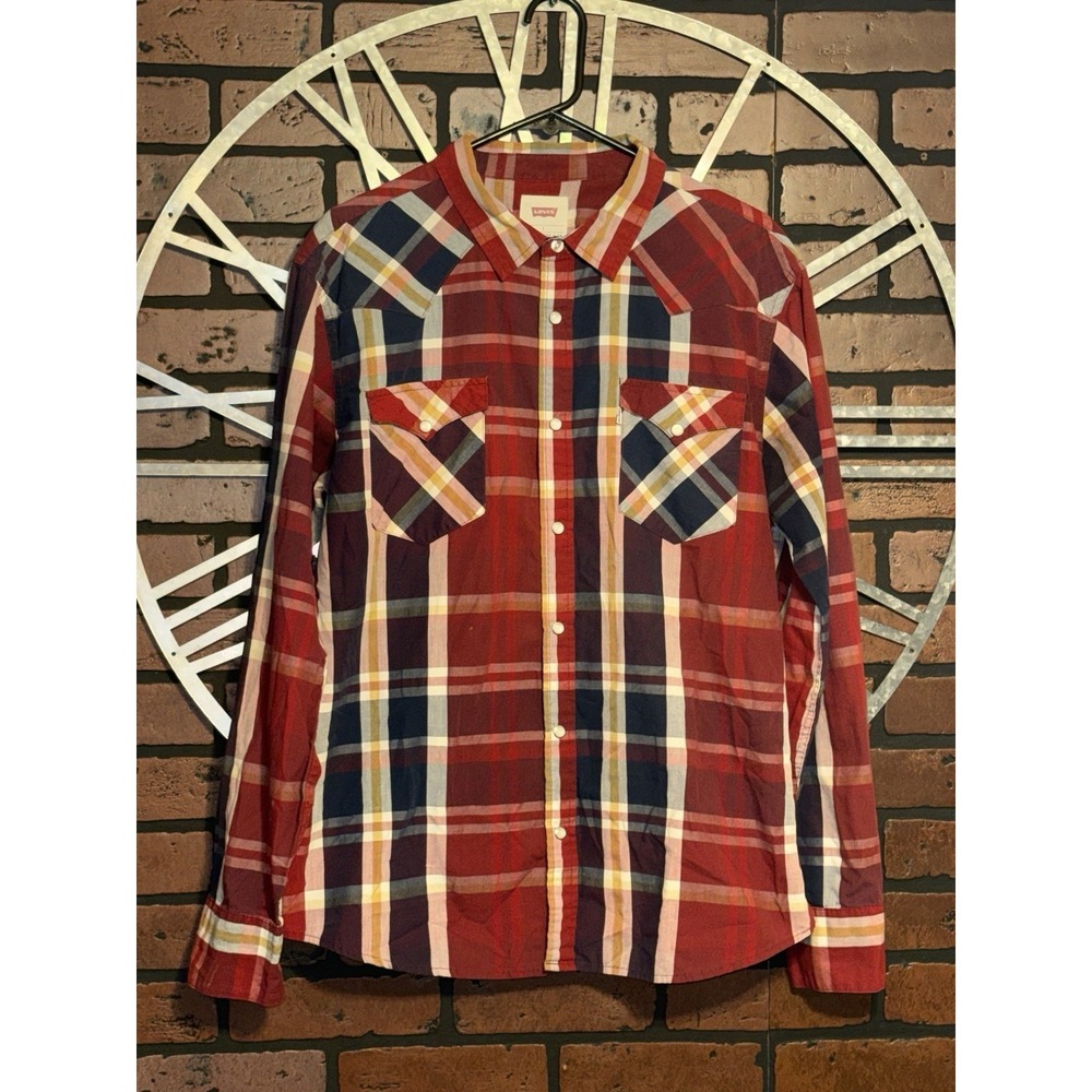 Men's Levi's Modern Fit Pearl Snap Button Up Shirt Red/Yellow Size L